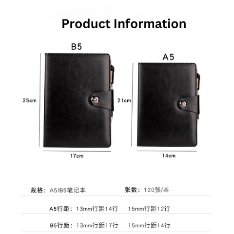 [MyBuku.com] A5 B5 Business Notebook with Pen, Wide Line Spacing, Leather Cover, Buckle Closure, Vintage Journal